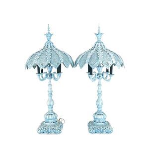 Antique Italian Pair Of Turquoise Blue Candelabra Lamp Enamel On Bronze